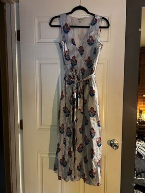 Boden Blue & White Striped Floral Tie-Waist Maxi Dress
